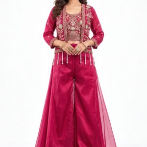 RIVAZ magenta palazzo set 60952, full front view with ornate short jacket look and flowing wide-leg bottoms