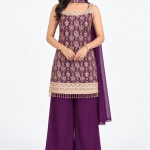 RIVAZ purple palazzo set 60959-1, full front view with allover geometric motif kurta and plain wide-leg palazzos