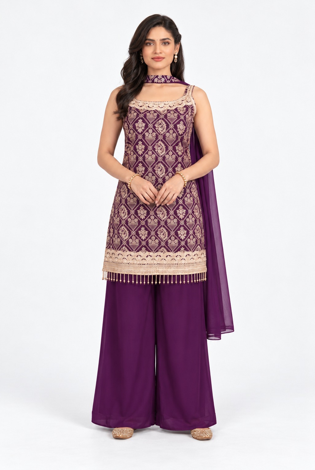 RIVAZ purple palazzo set 60959-1, full front view with allover geometric motif kurta and plain wide-leg palazzos