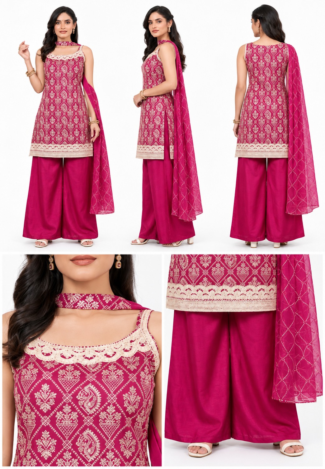 RIVAZ fuchsia palazzo set 60959, product detail view showing decorative accents and outfit pieces