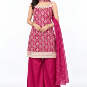 RIVAZ fuchsia palazzo set 60959, full front view with geometric motif sleeveless kurta and wide-leg palazzos