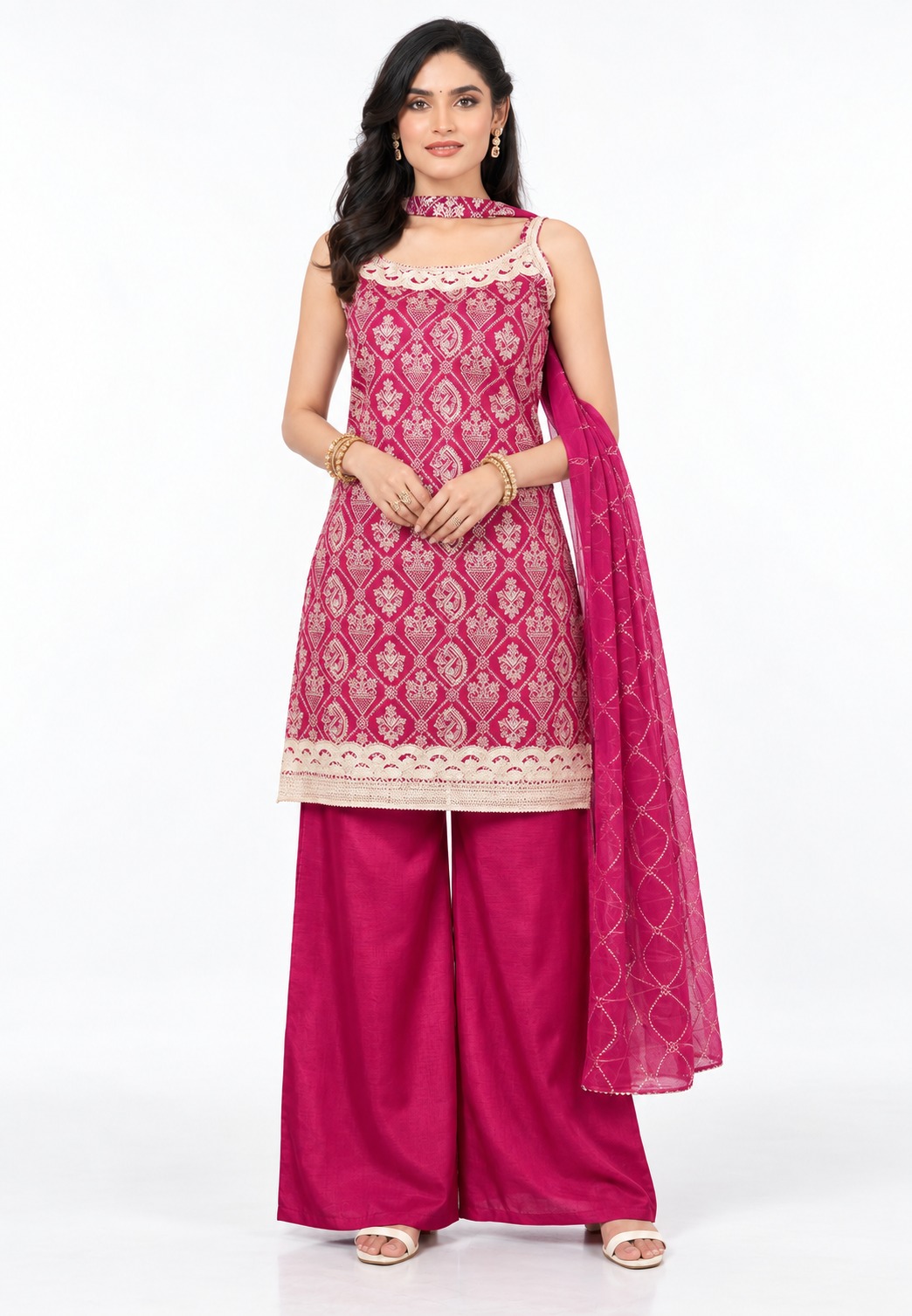 RIVAZ fuchsia palazzo set 60959, full front view with geometric motif sleeveless kurta and wide-leg palazzos
