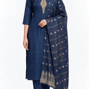 RIVAZ navy straight kurta set 60964-1, full front view with minimal neckline detail and dotted border drape