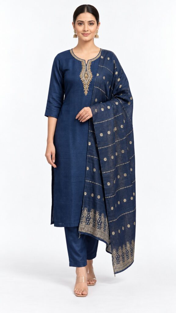 RIVAZ navy straight kurta set 60964-1, full front view with minimal neckline detail and dotted border drape