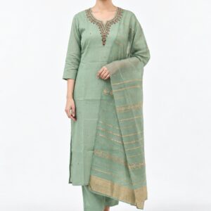 RIVAZ sage green straight kurta set 60964-2, full front view with subtle neckline detail and gold-striped drape