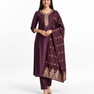 RIVAZ deep plum straight kurta set 60965, full front view with gold-toned neckline and dotted border drape
