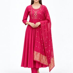 RIVAZ pink flared kurta set 60973-1, full front view with flared silhouette, scattered motifs and border drape