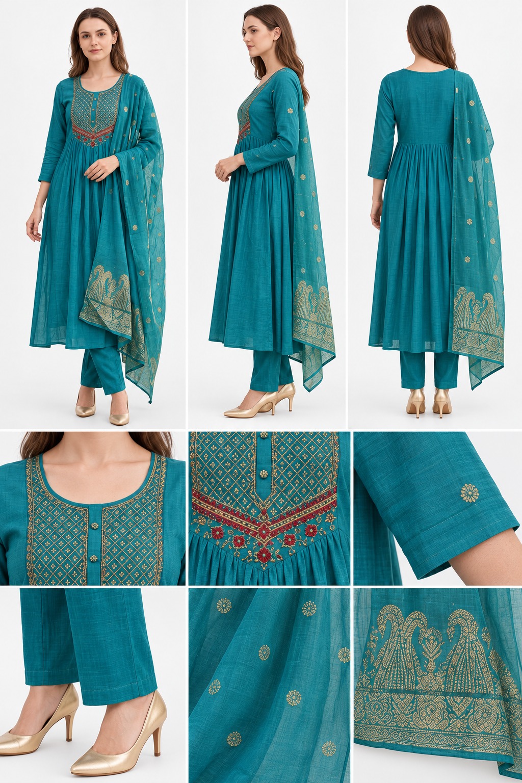 RIVAZ teal flared kurta set 60973, product detail view showing decorative accents and outfit pieces