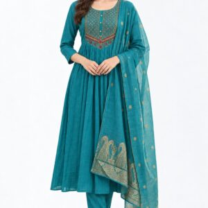 RIVAZ teal flared kurta set 60973, full front view with decorated yoke, flared silhouette and printed drape