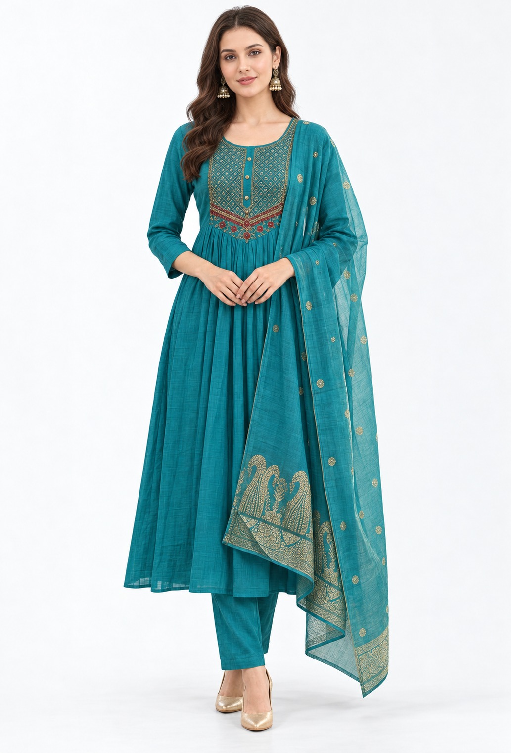 RIVAZ teal flared kurta set 60973, full front view with decorated yoke, flared silhouette and printed drape