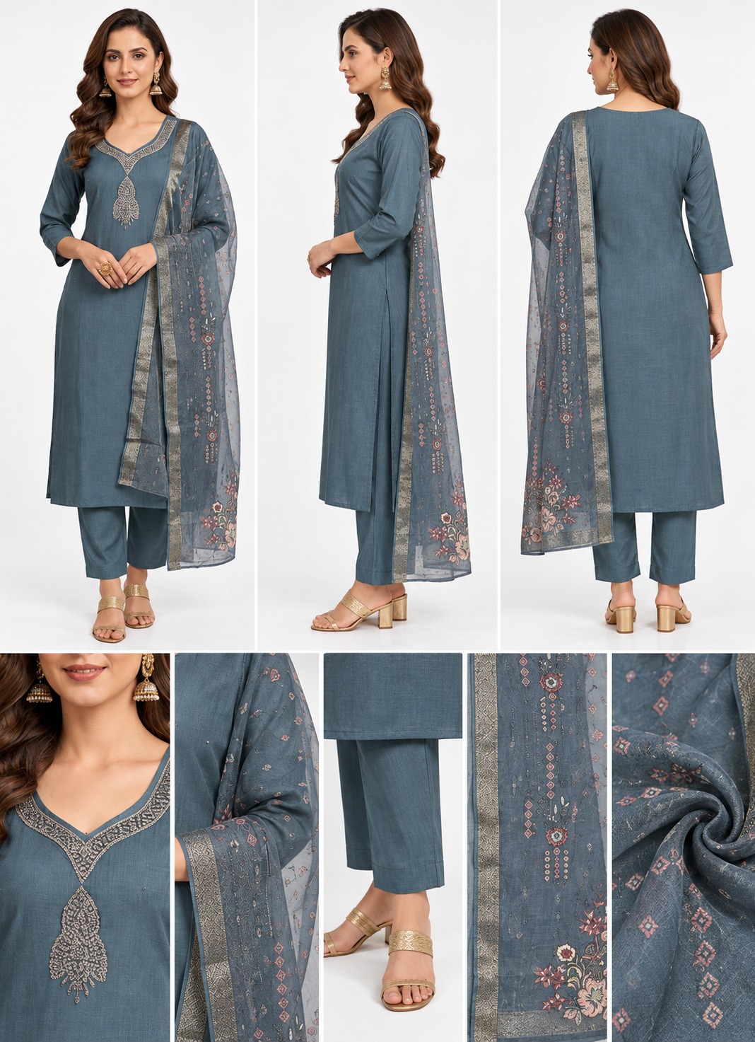 RIVAZ slate blue straight kurta set 60977, product detail view showing decorative accents and outfit pieces