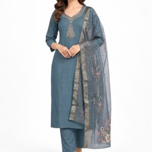 RIVAZ slate blue straight kurta set 60977, full front view with neckline motif and sheer floral border drape