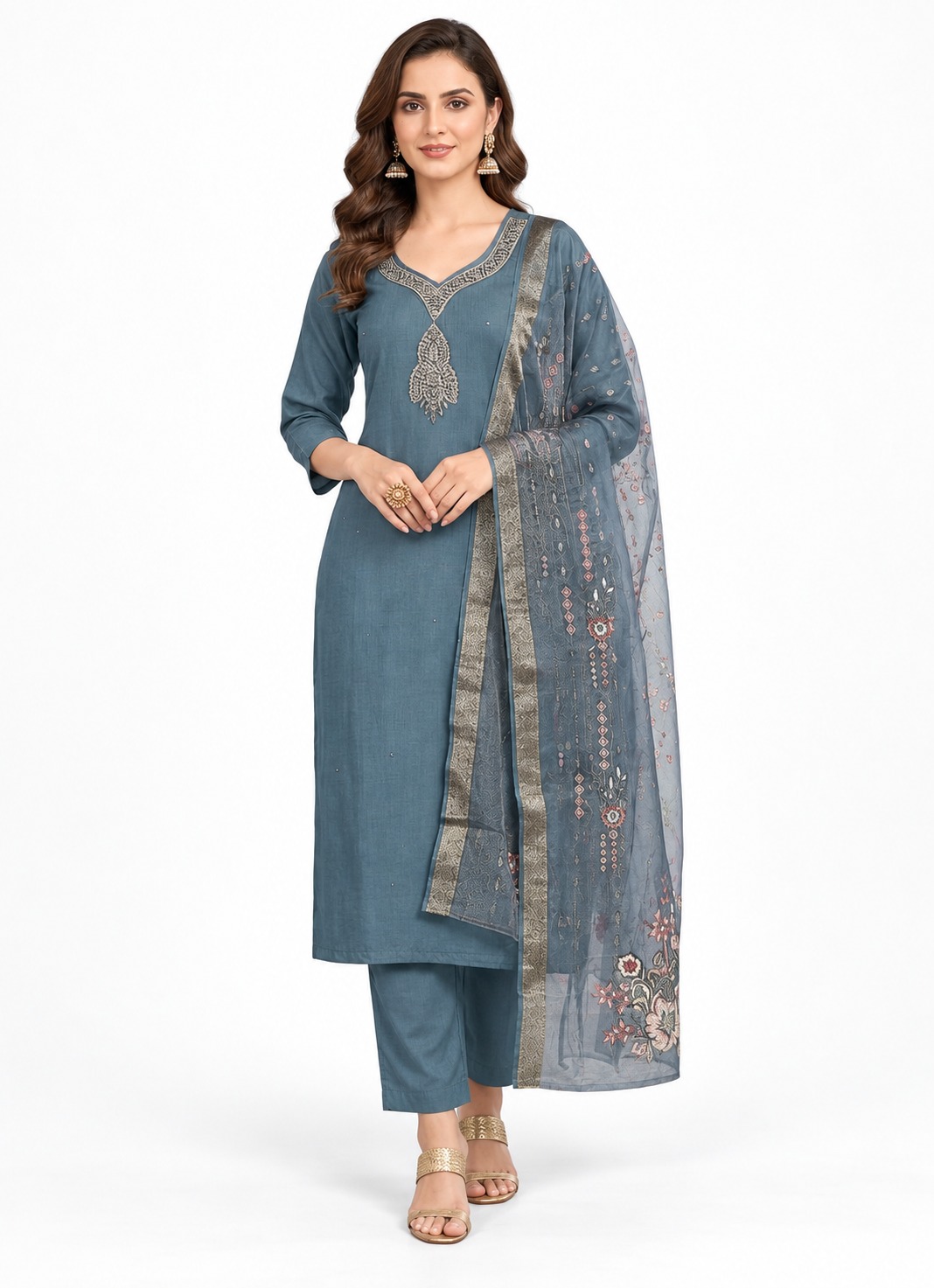 RIVAZ slate blue straight kurta set 60977, full front view with neckline motif and sheer floral border drape