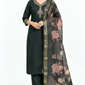 RIVAZ forest green straight kurta set 60977#1, full front view with minimal neckline motif and floral patterned drape