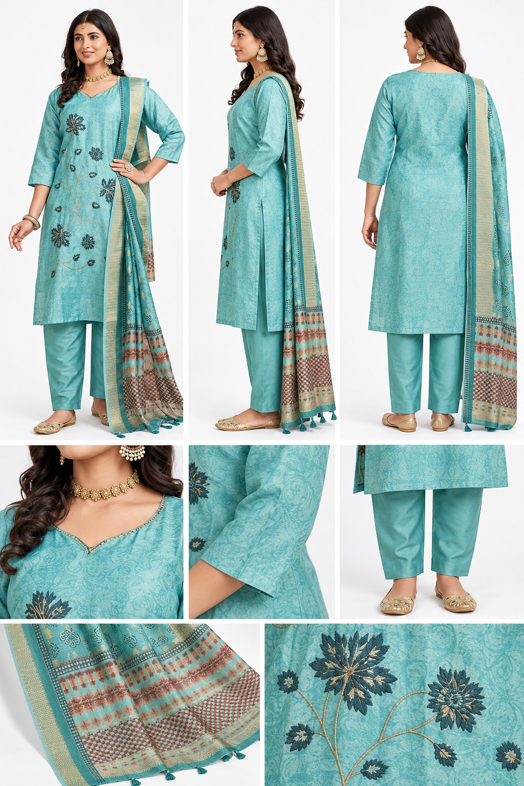 RIVAZ turquoise straight kurta set 60981, product detail view showing decorative accents and outfit pieces