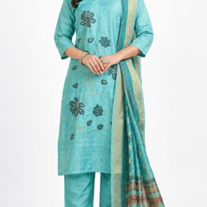 RIVAZ turquoise straight kurta set 60981, full front view with scattered floral motifs and patterned border drape