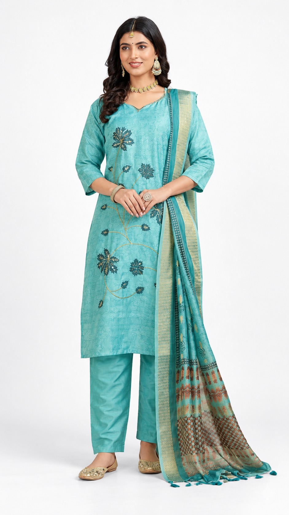 RIVAZ turquoise straight kurta set 60981, full front view with scattered floral motifs and patterned border drape