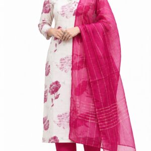 RIVAZ white and pink straight kurta set 60989, full front view with pink floral print and bright pink drape