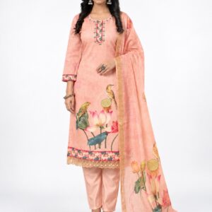 RIVAZ peach straight kurta set 60992, full front view with large floral hem print and matching printed drape