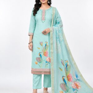 RIVAZ aqua straight kurta set 60996, full front view with floral hem design and coordinating printed drape