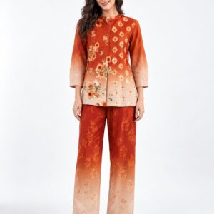 RIVAZ rust ombré co-ord set 61003, full front view with graduated rust-to-cream print and wide-leg trousers