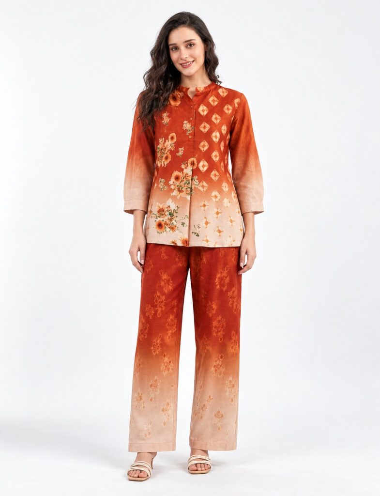 RIVAZ rust ombré co-ord set 61003, full front view with graduated rust-to-cream print and wide-leg trousers