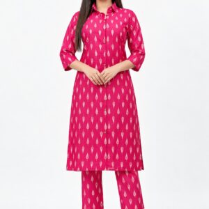 RIVAZ hot pink kurta trouser set 61006, full front view with repeating white motifs, collared kurta and matching trousers