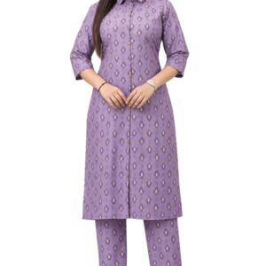 RIVAZ lilac kurta trouser set 61010, full front view with small repeating motifs, collared kurta and matching trousers
