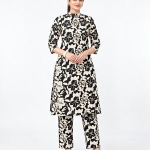 RIVAZ black and white kurta trouser set 61014, full front view with bold floral print on kurta and trousers