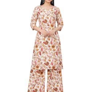 RIVAZ cream floral kurta trouser set 61022-1, full front view with warm multicolour floral print and wide-leg trousers