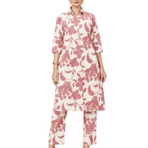 RIVAZ ivory and rose kurta trouser set 61022, full front view with large rose floral print, collar and matching trousers