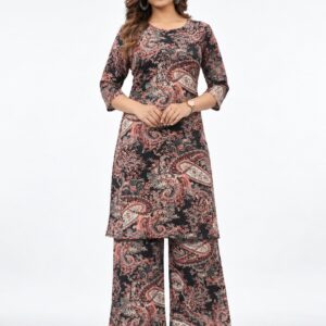 RIVAZ black paisley kurta trouser set 61033, full front view with allover muted paisley print and wide-leg trousers