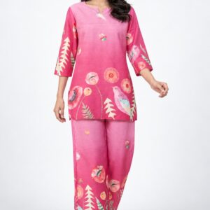 RIVAZ bright pink co-ord set 61037, full front view with playful multicolour floral motifs and relaxed matching trousers