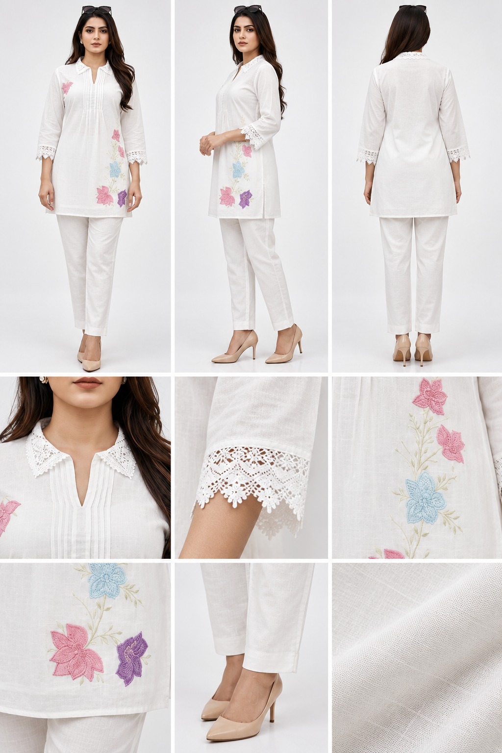 RIVAZ white kurta trouser set 61040, product detail view showing decorative accents and outfit pieces