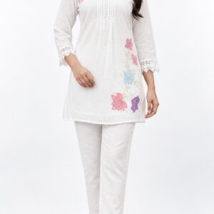 RIVAZ white kurta trouser set 61040, full front view with delicate colourful floral accents and slim trousers