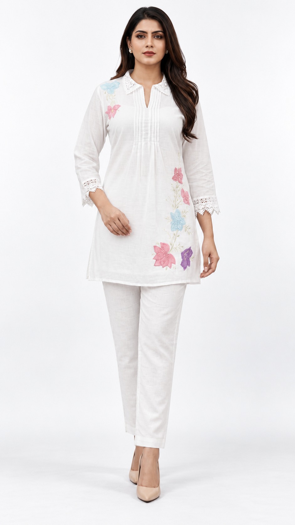 RIVAZ white kurta trouser set 61040, full front view with delicate colourful floral accents and slim trousers