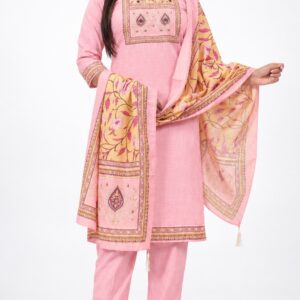RIVAZ light pink straight kurta set 61041, full front view with decorative chest panel and multicolour printed drape