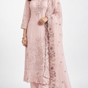 RIVAZ blush pink straight kurta set 61048, full front view with tonal embroidery and floral border drape