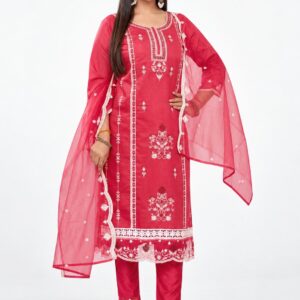 RIVAZ red pink straight kurta set 61052, full front view with white border details and sheer coordinating drape