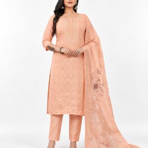 RIVAZ peach straight kurta set 61056, full front view with delicate tonal motifs and floral drape