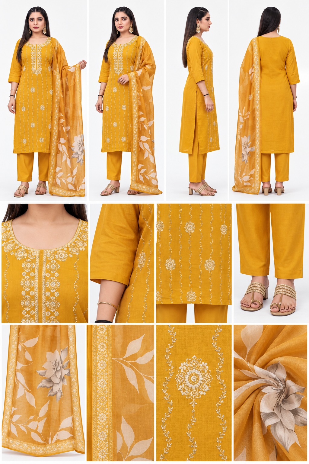 RIVAZ mustard yellow straight kurta set 61059, product detail view showing decorative accents and outfit pieces