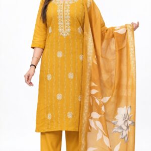 RIVAZ mustard yellow straight kurta set 61059, full front view with light neckline motifs and large white floral drape