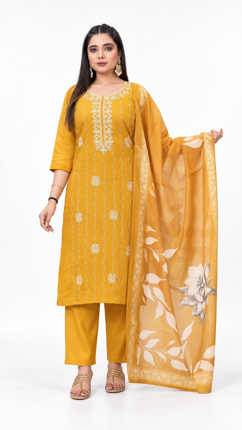 RIVAZ mustard yellow straight kurta set 61059, full front view with light neckline motifs and large white floral drape