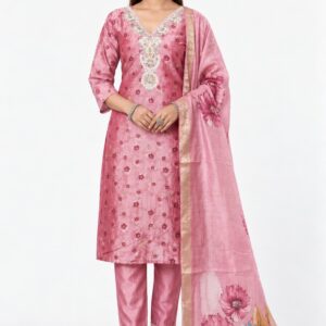 RIVAZ rose pink straight kurta set 61068, full front view with patterned kurta and colourful floral drape