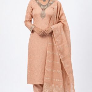 RIVAZ soft peach straight kurta set 61071, full front view with subtle repeated motifs and striped drape