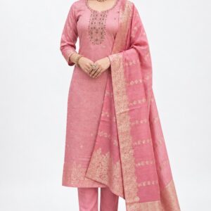 RIVAZ dusty pink straight kurta set 61075, full front view with tonal pattern and broad border drape