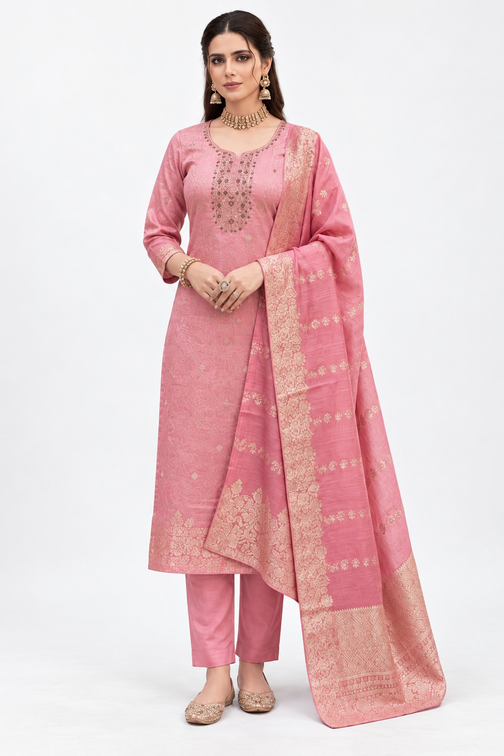 RIVAZ dusty pink straight kurta set 61075, full front view with tonal pattern and broad border drape