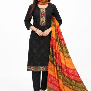 RIVAZ black straight kurta set 61090, full front view with colourful geometric neckline and orange-red patterned drape