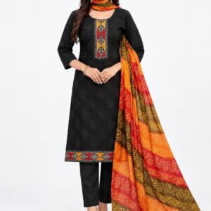 RIVAZ black straight kurta set 61091-1, front view with colourful border trim and orange-red patterned drape