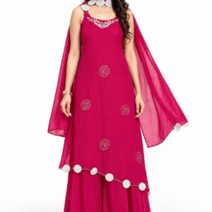 RIVAZ fuchsia flared festive set 61097-1, full front view with sleeveless flared top, circular trim and drape